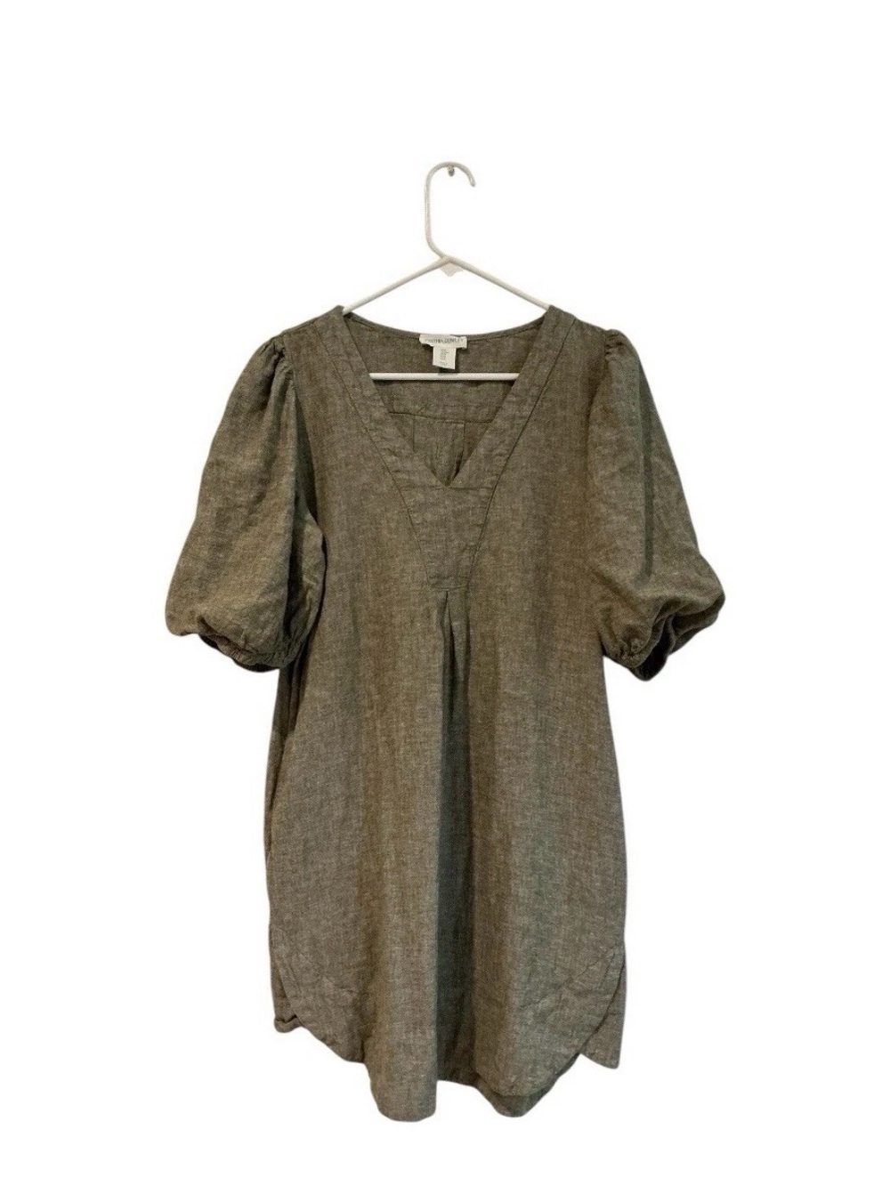 Cynthia Rowley Linen Blend Olive V-Neck Puff Sleeve Tunic Dress Sz XL